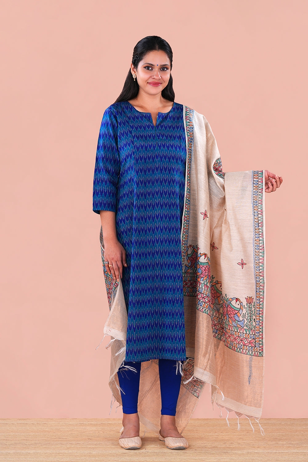 Image of Teal Blue Pochampally Silk Ikat Kurti
