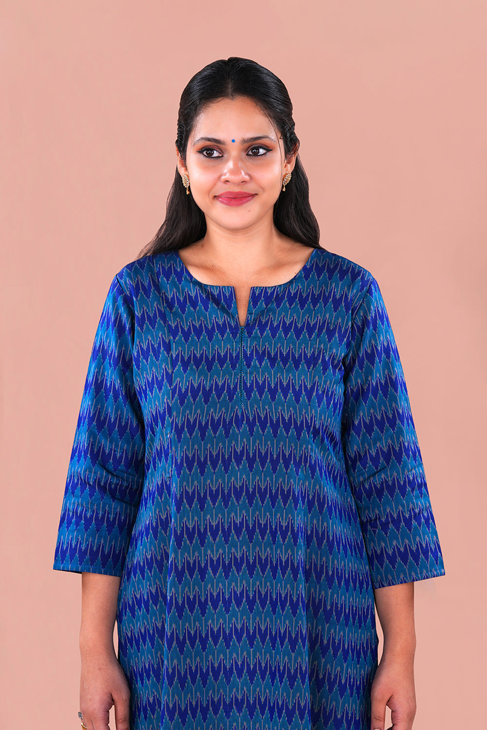 Image of Teal Blue Pochampally Silk Ikat Kurti