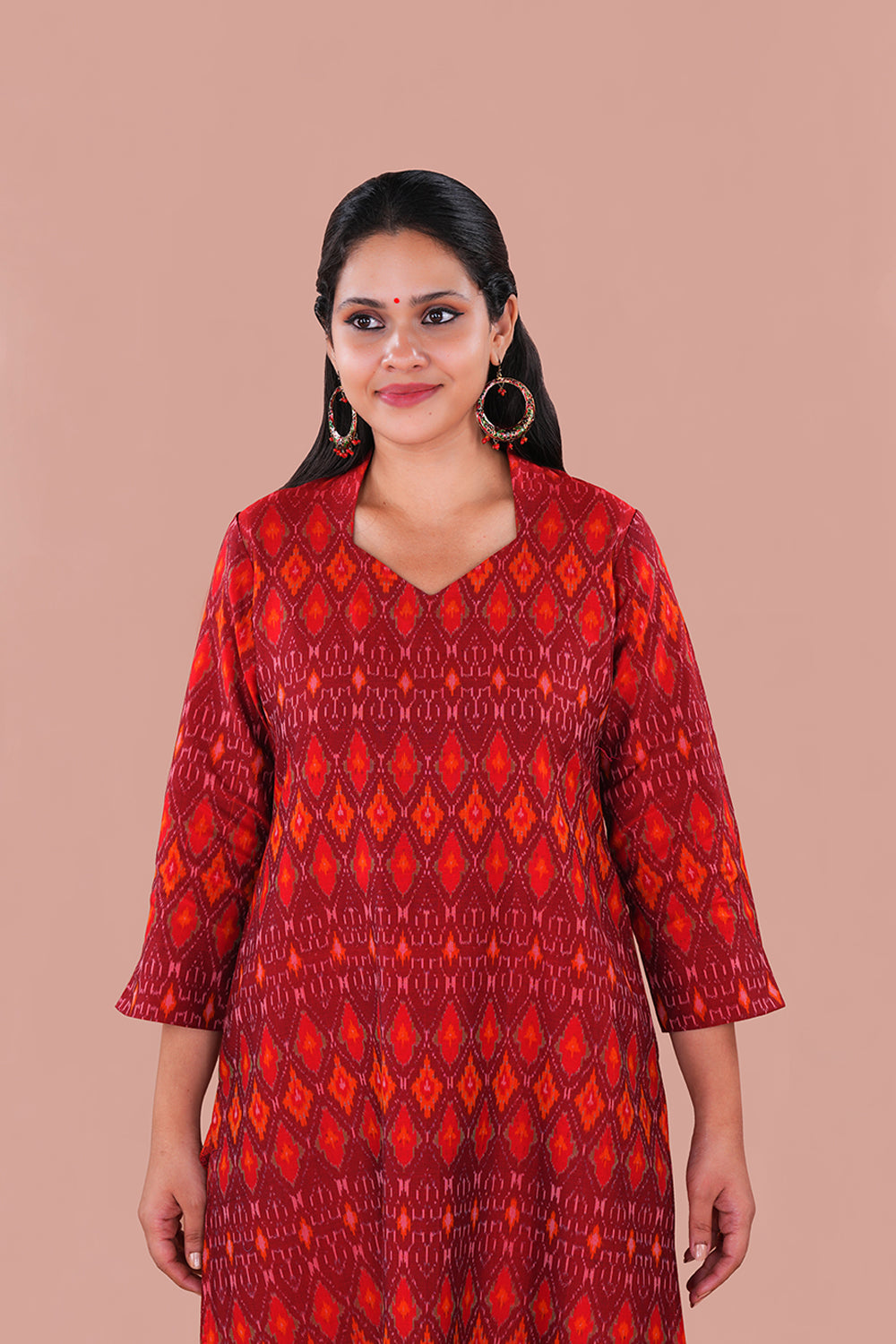 Image of Amber Red Pochampally Silk Ikat Kurti