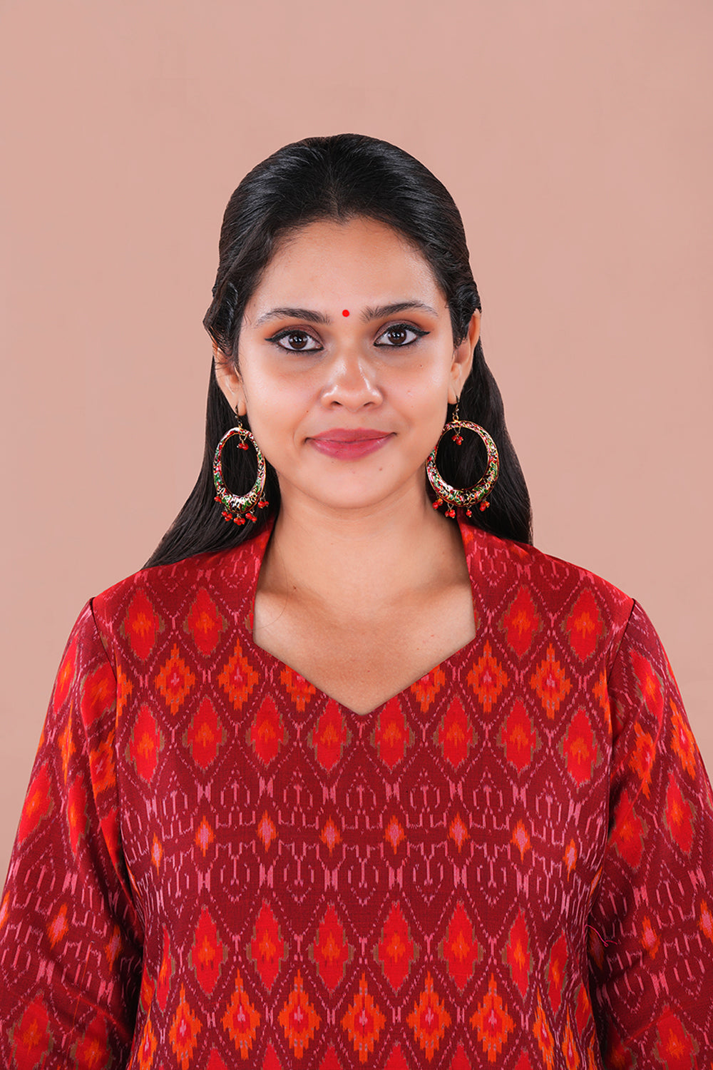 Image of Amber Red Pochampally Silk Ikat Kurti