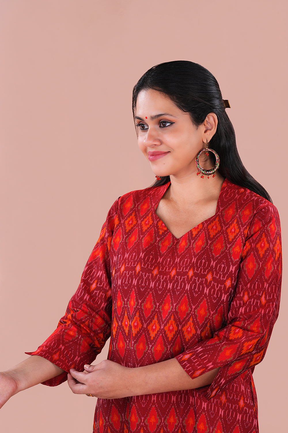 Image of Amber Red Pochampally Silk Ikat Kurti