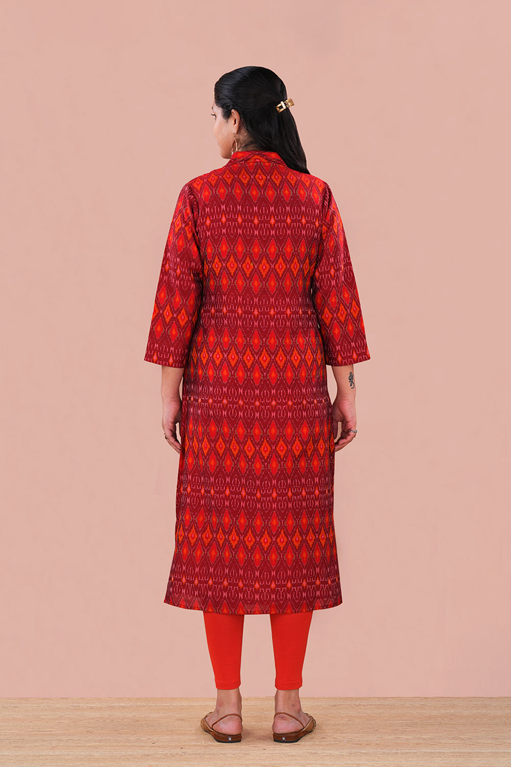 Image of Amber Red Pochampally Silk Ikat Kurti
