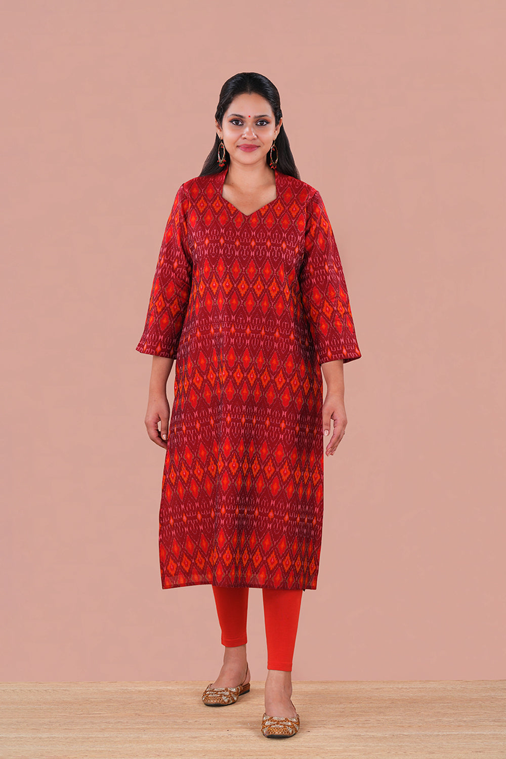 Image of Amber Red Pochampally Silk Ikat Kurti