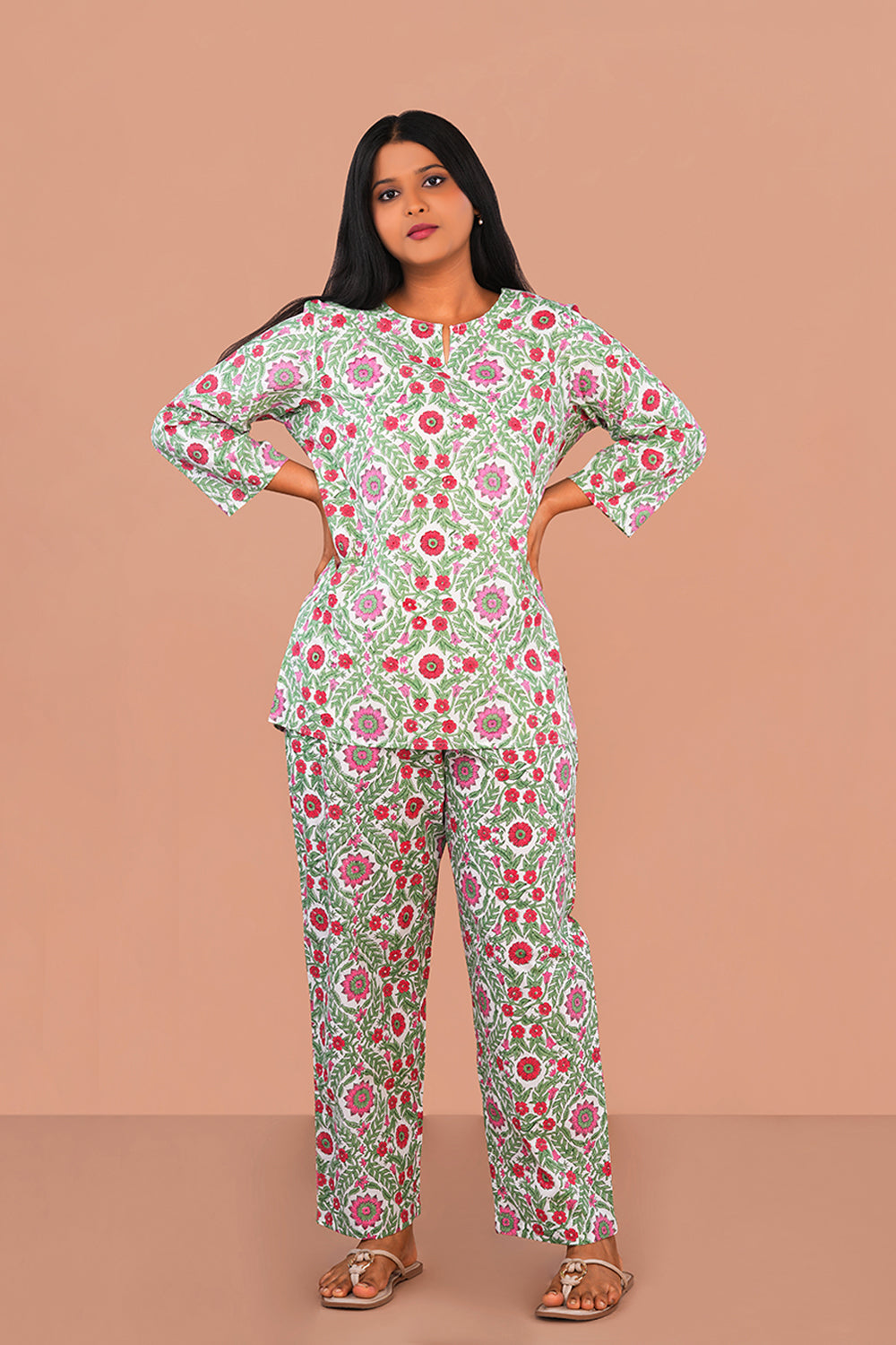 Image of Teal green Cotton block printed lounge set