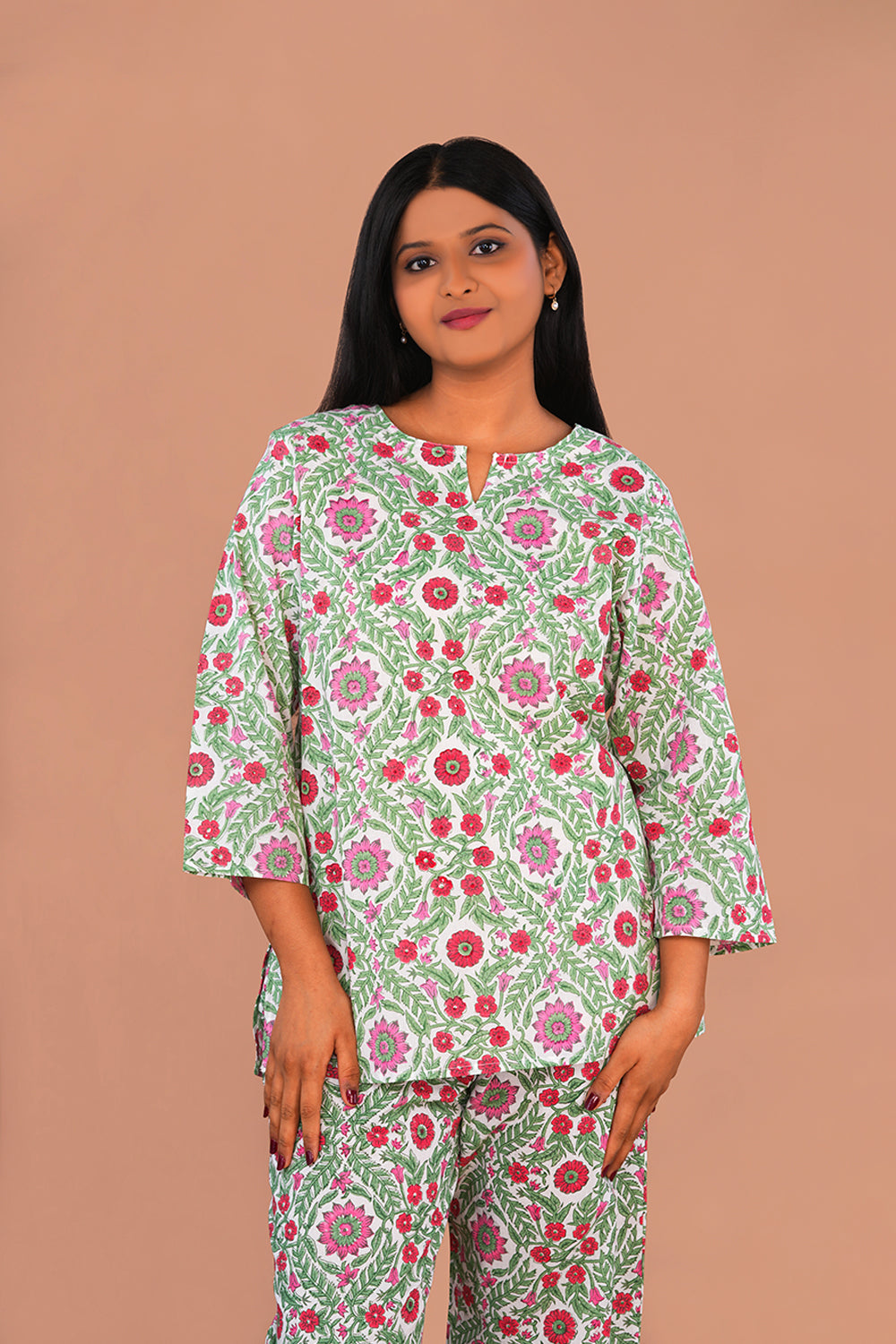 Image of Teal green Cotton block printed lounge set
