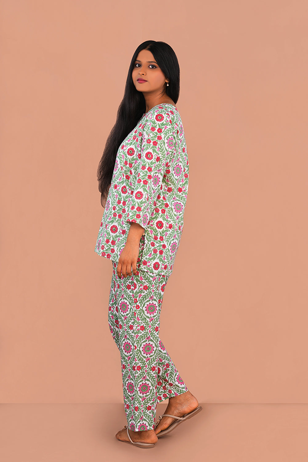 Image of Teal green Cotton block printed lounge set