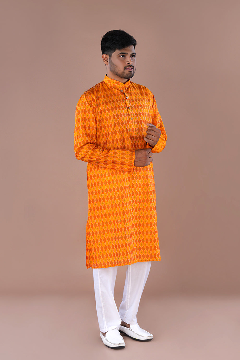 Sunset Orange Silk  Mens Kurta .