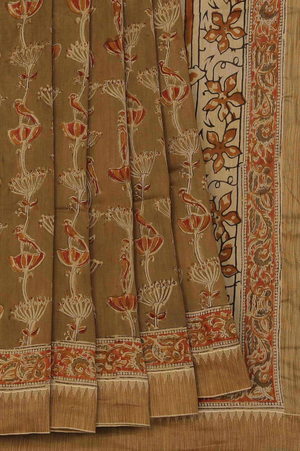 Collection of Olive green Kalamkari Chanderi Saree in a gallery layout