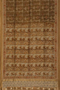 Collection of Olive green Kalamkari Chanderi Saree in a gallery layout