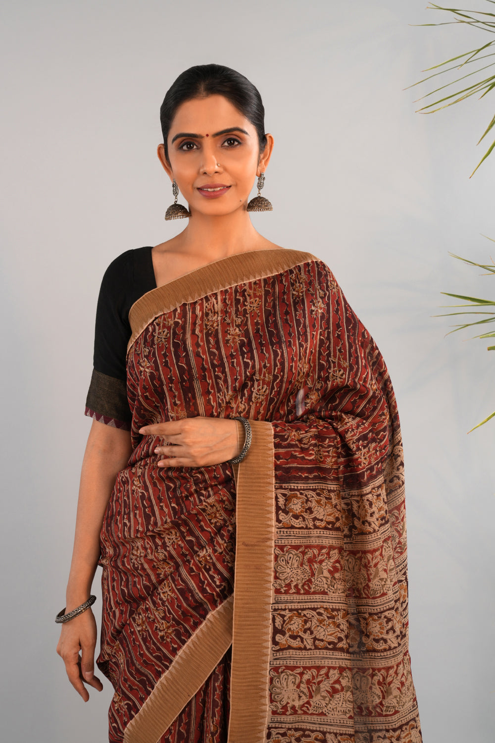 Image of Apricot red Kalamkari Chanderi Saree