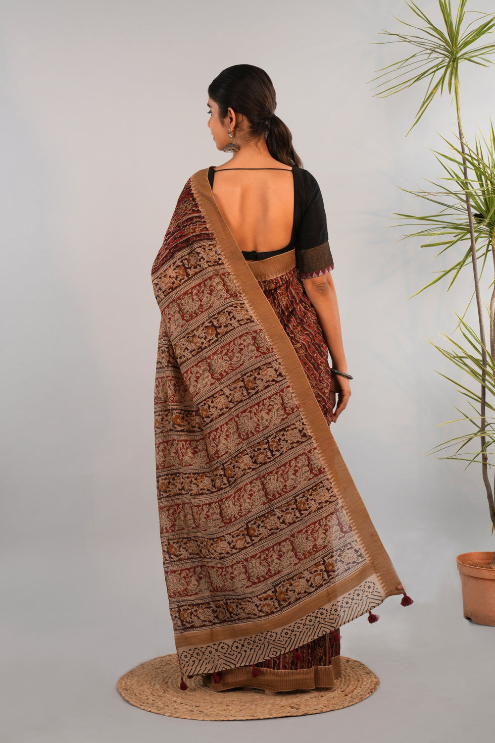 Image of Apricot red Kalamkari Chanderi Saree
