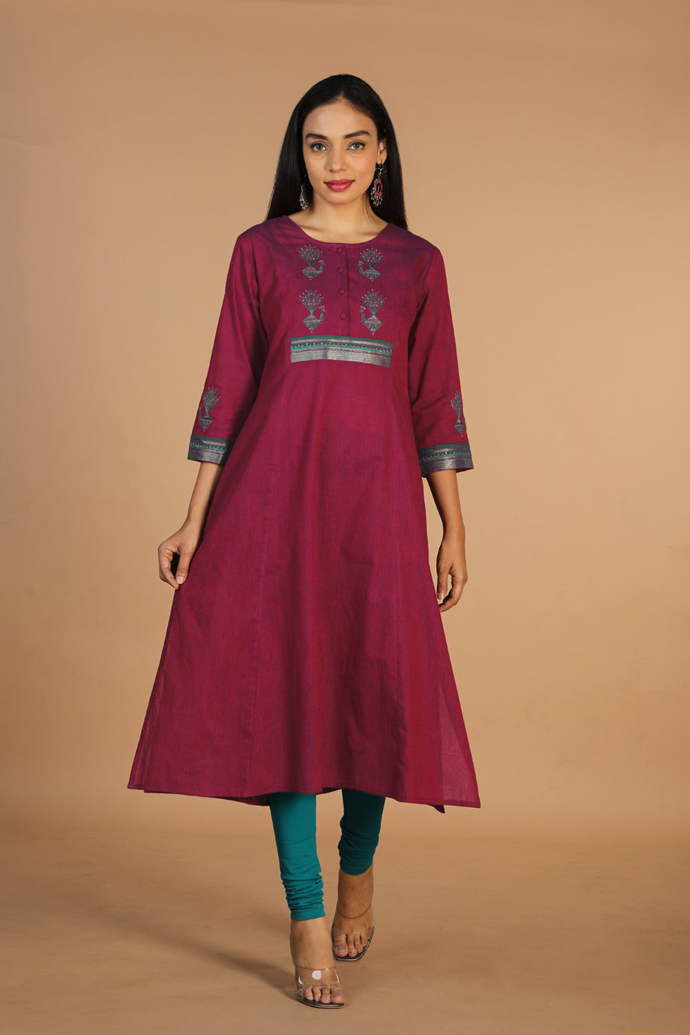 Collection of Peacock embroidered traditional cotton kurta in a gallery layout