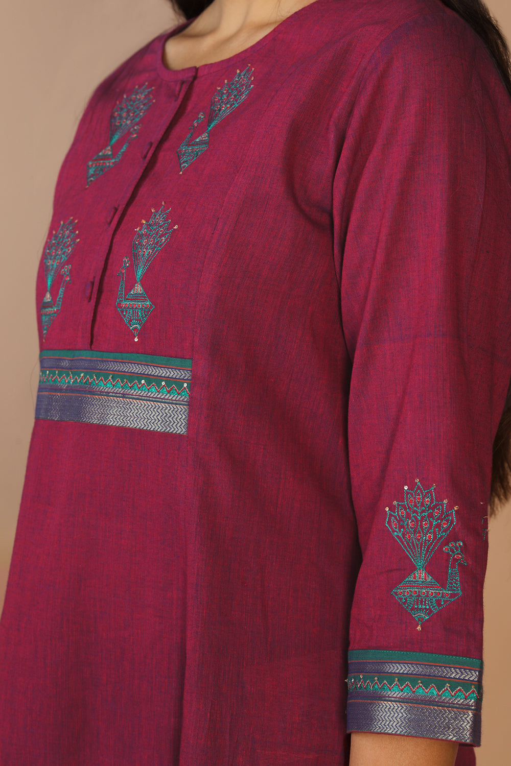 Collection of Peacock embroidered traditional cotton kurta in a gallery layout