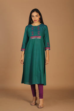 Collection of Peacock embroidered ethnic cotton kurti in a gallery layout