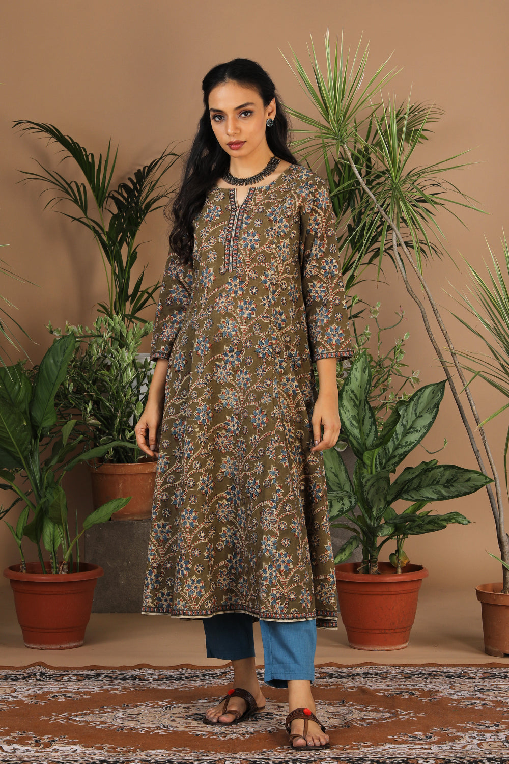 Cotton handblock printed Kalamkari long kurta.