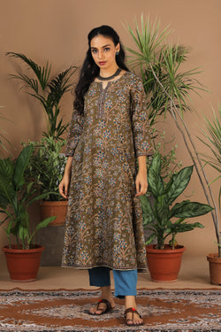 Image of Cotton handblock printed Kalamkari long kurta.