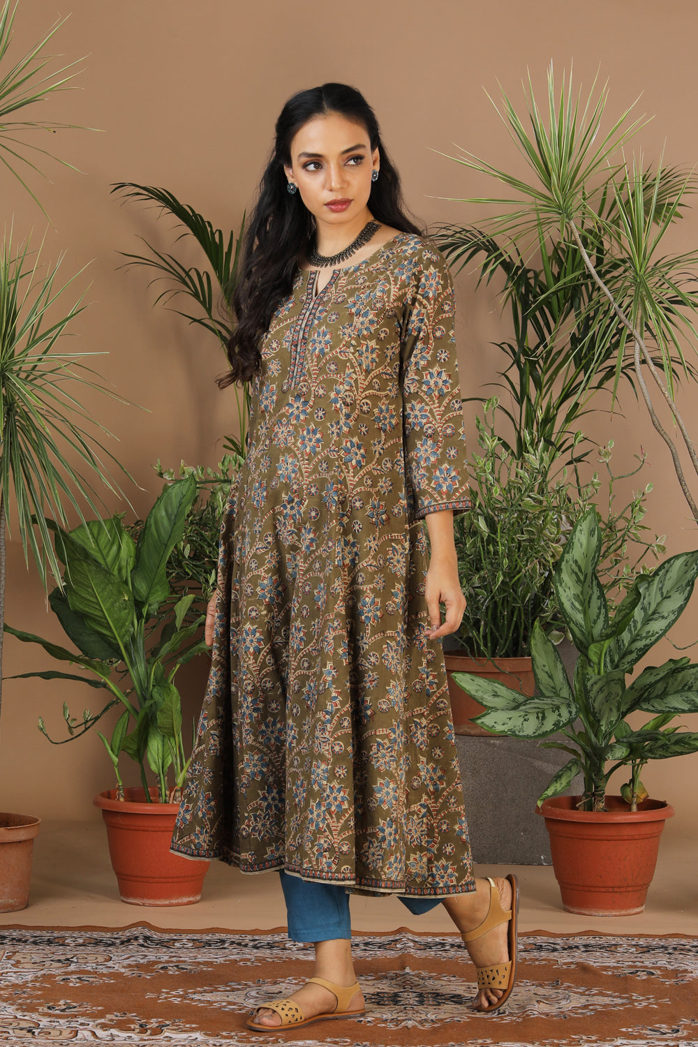 Cotton handblock printed Kalamkari long kurta.