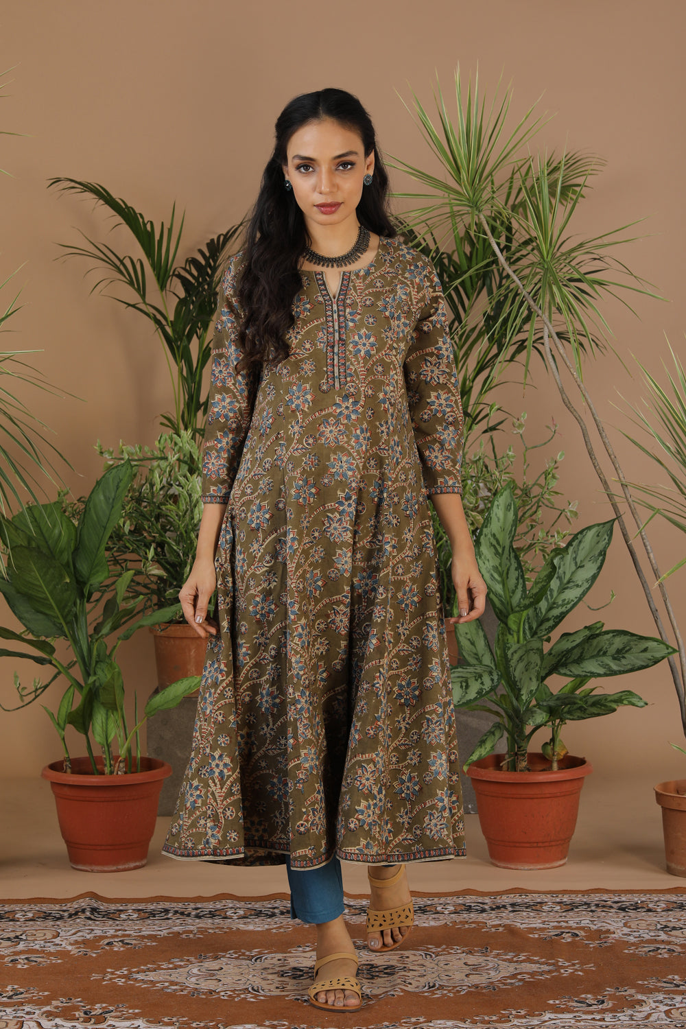 Cotton handblock printed Kalamkari long kurta.