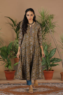 Image of Cotton handblock printed Kalamkari long kurta.