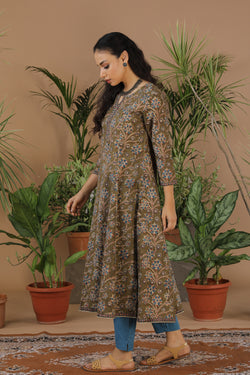 Image of Cotton handblock printed Kalamkari long kurta.