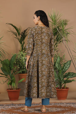 Image of Cotton handblock printed Kalamkari long kurta.