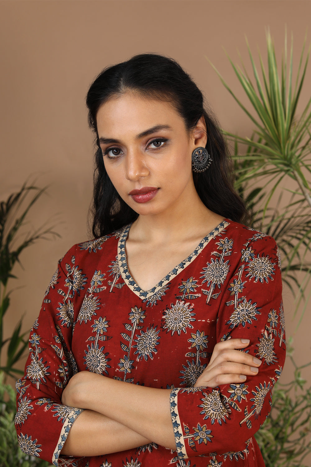 Maroon Kalamkari handblockprinted cotton dress