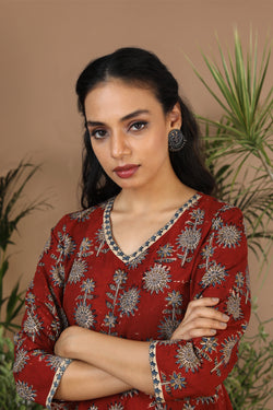 Image of Maroon Kalamkari handblockprinted cotton dress