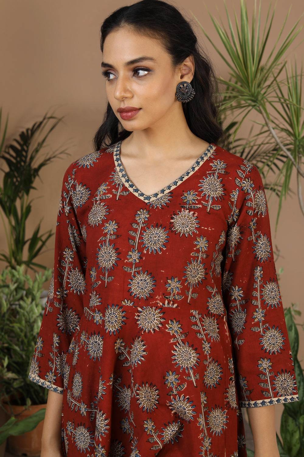 Maroon Kalamkari handblockprinted cotton dress