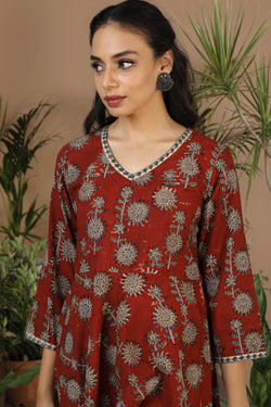 Image of Maroon Kalamkari handblockprinted cotton dress