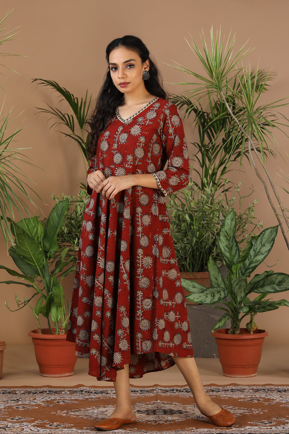 Maroon Kalamkari handblockprinted cotton dress