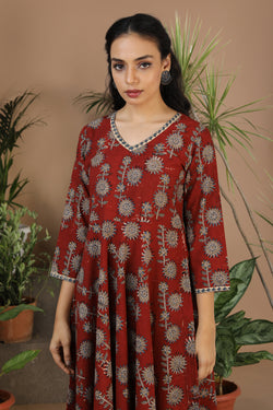 Image of Maroon Kalamkari handblockprinted cotton dress