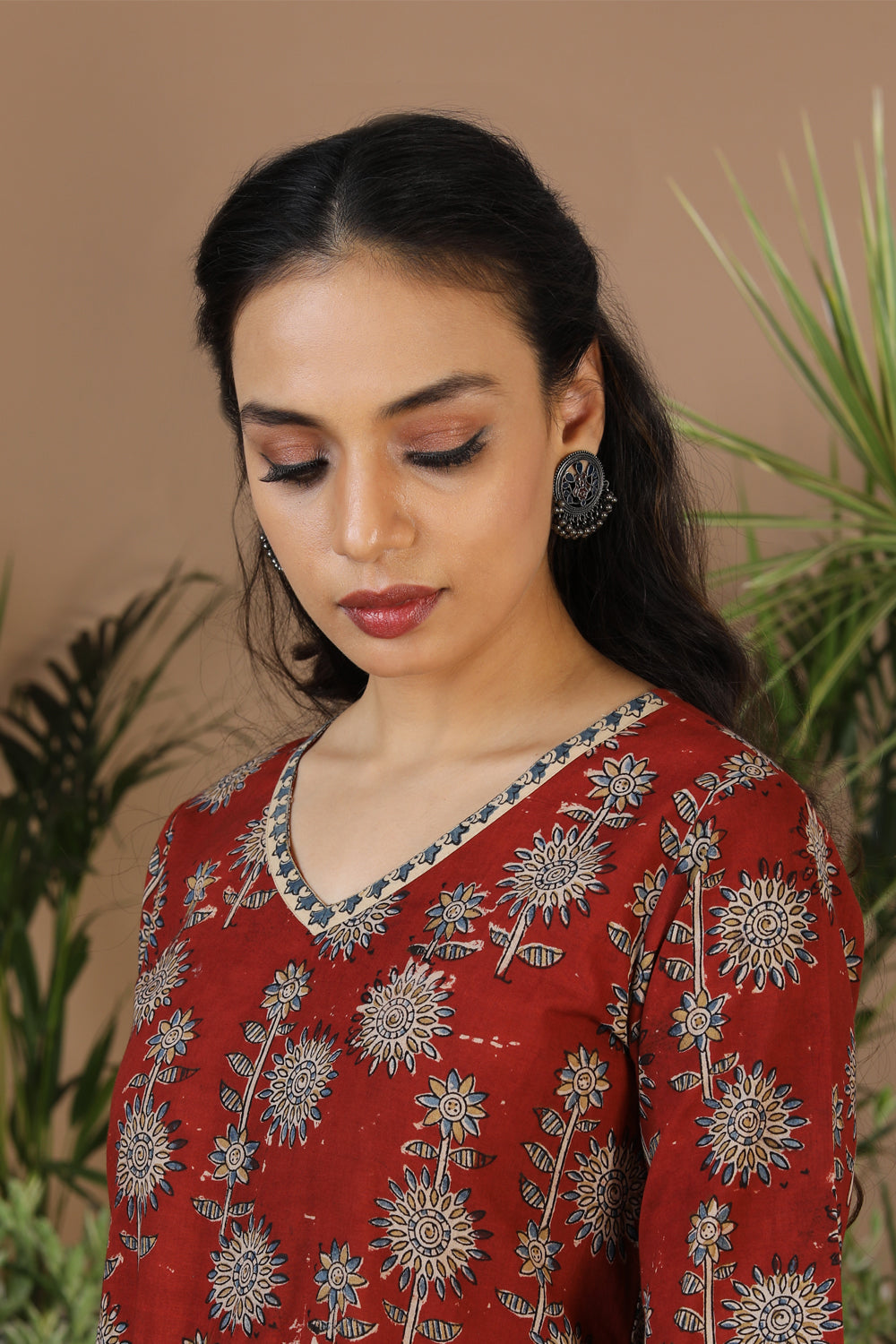 Maroon Kalamkari handblockprinted cotton dress