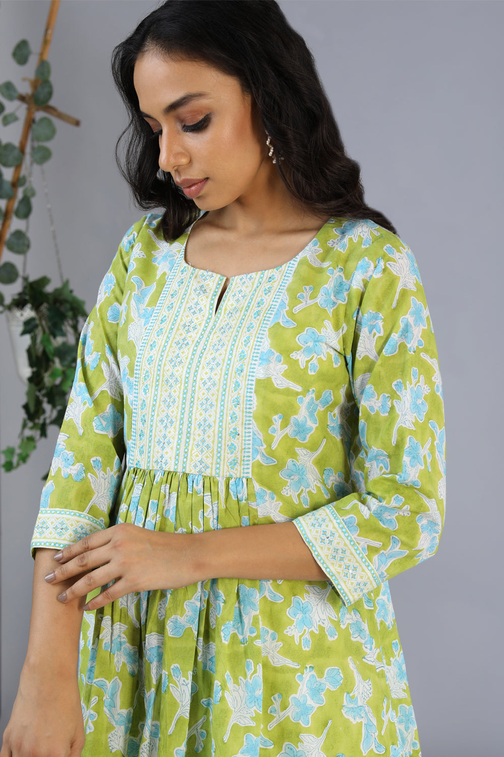 Collection of Handblock printed embroidered  kurti in a gallery layout