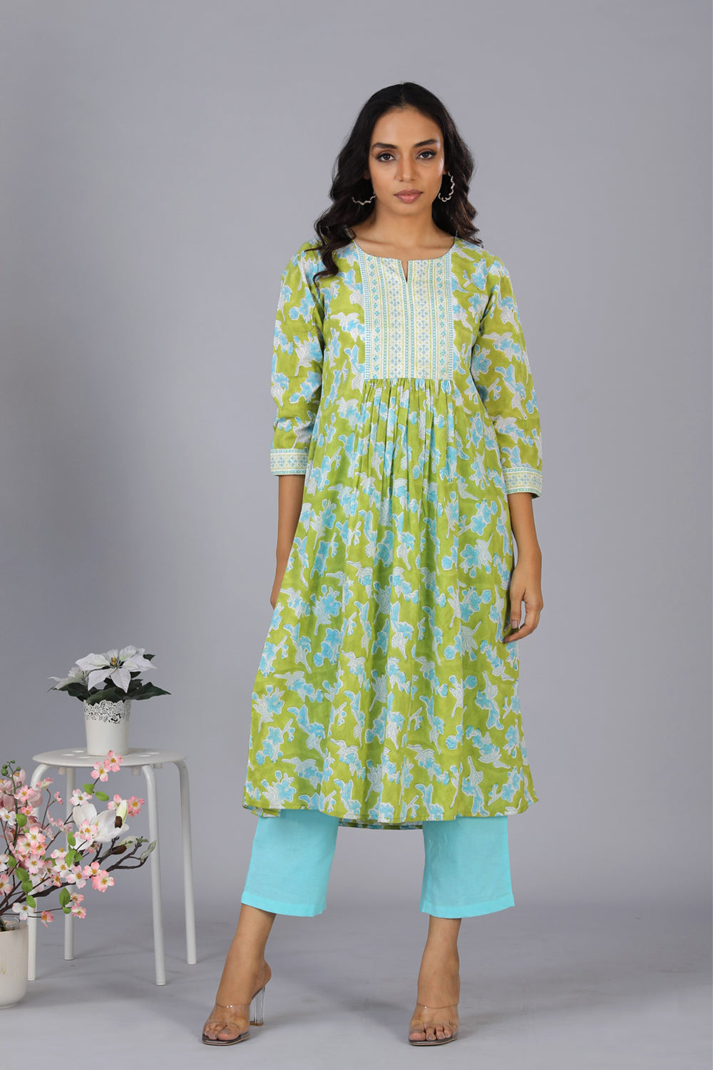 Collection of Handblock printed embroidered  kurti in a gallery layout