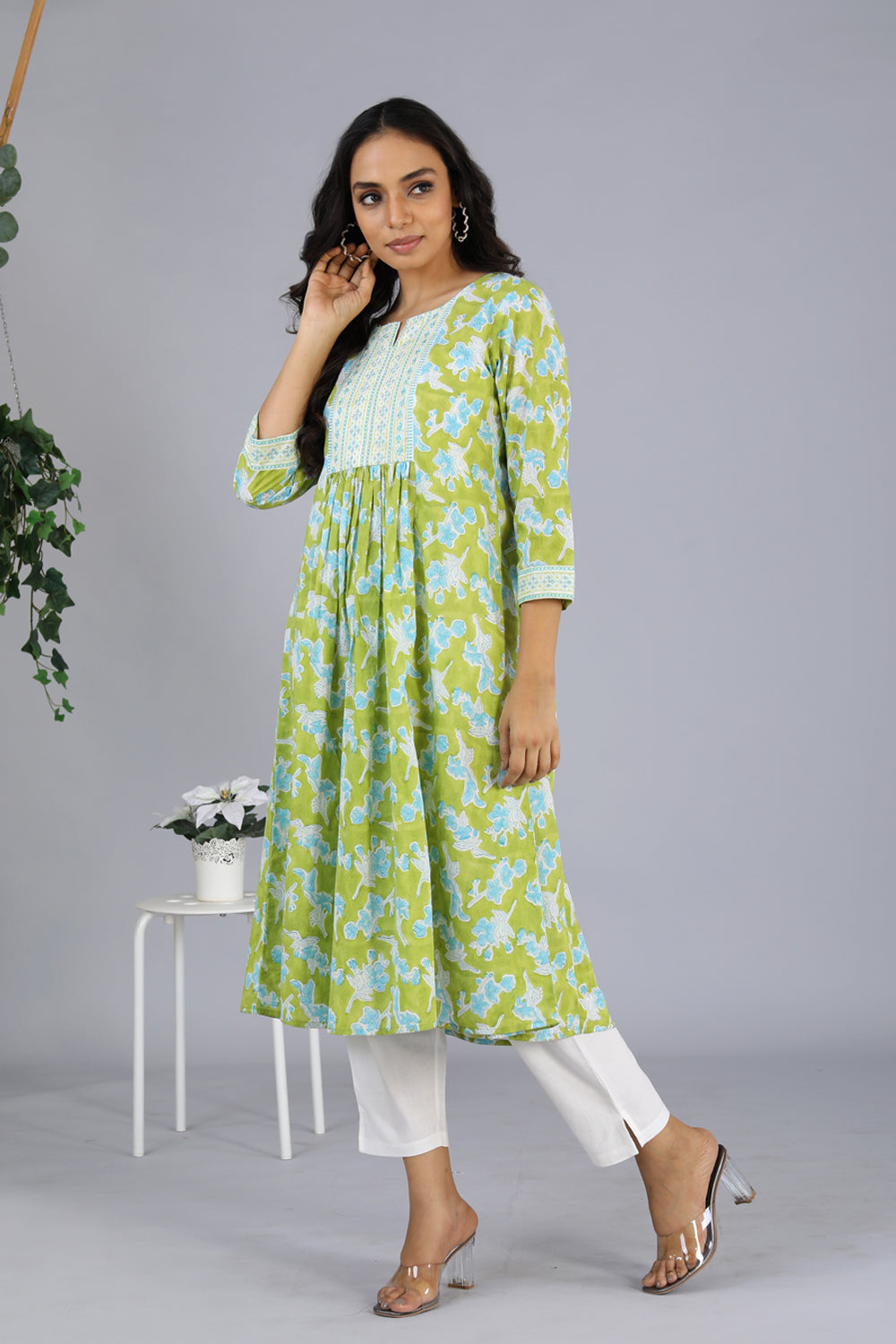 Collection of Handblock printed embroidered  kurti in a gallery layout