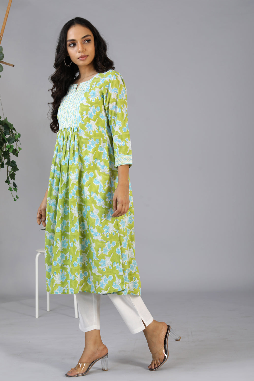 Collection of Handblock printed embroidered  kurti in a gallery layout