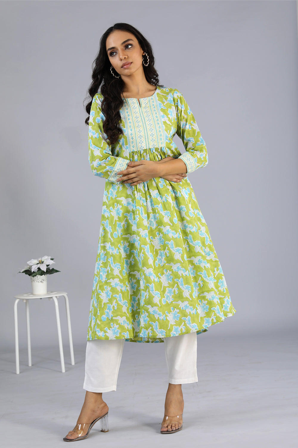 Collection of Handblock printed embroidered  kurti in a gallery layout