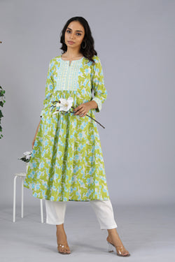 Collection of Handblock printed embroidered  kurti in a gallery layout