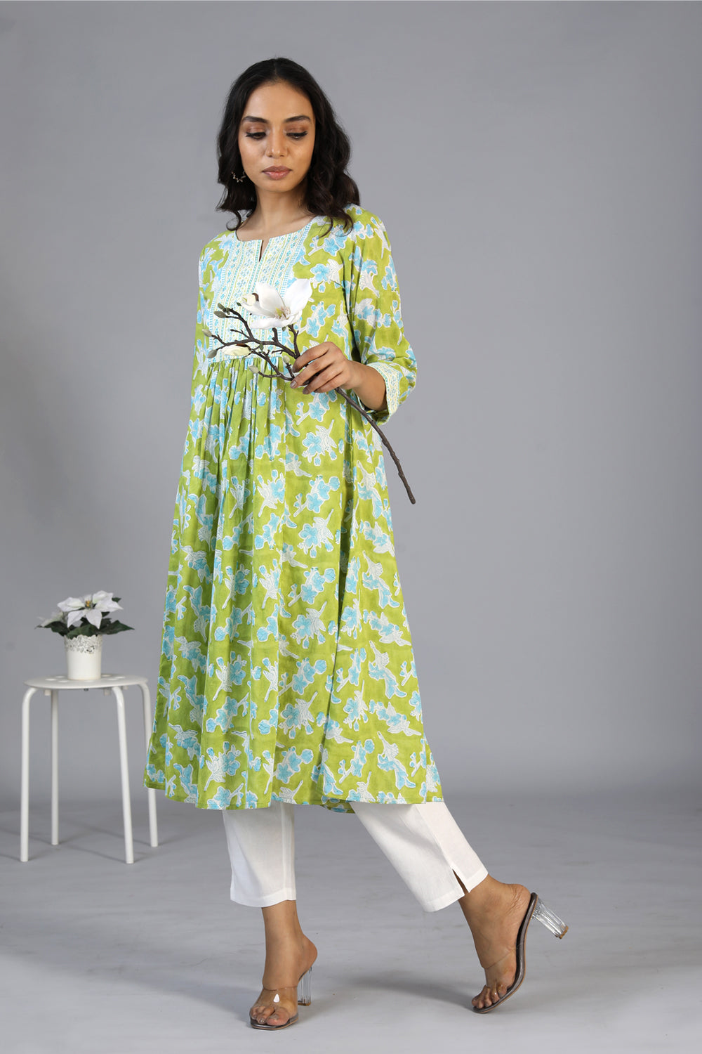 Collection of Handblock printed embroidered  kurti in a gallery layout