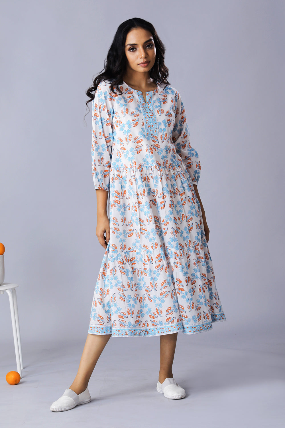 Collection of Handblock printed cotton tiered dress in a gallery layout