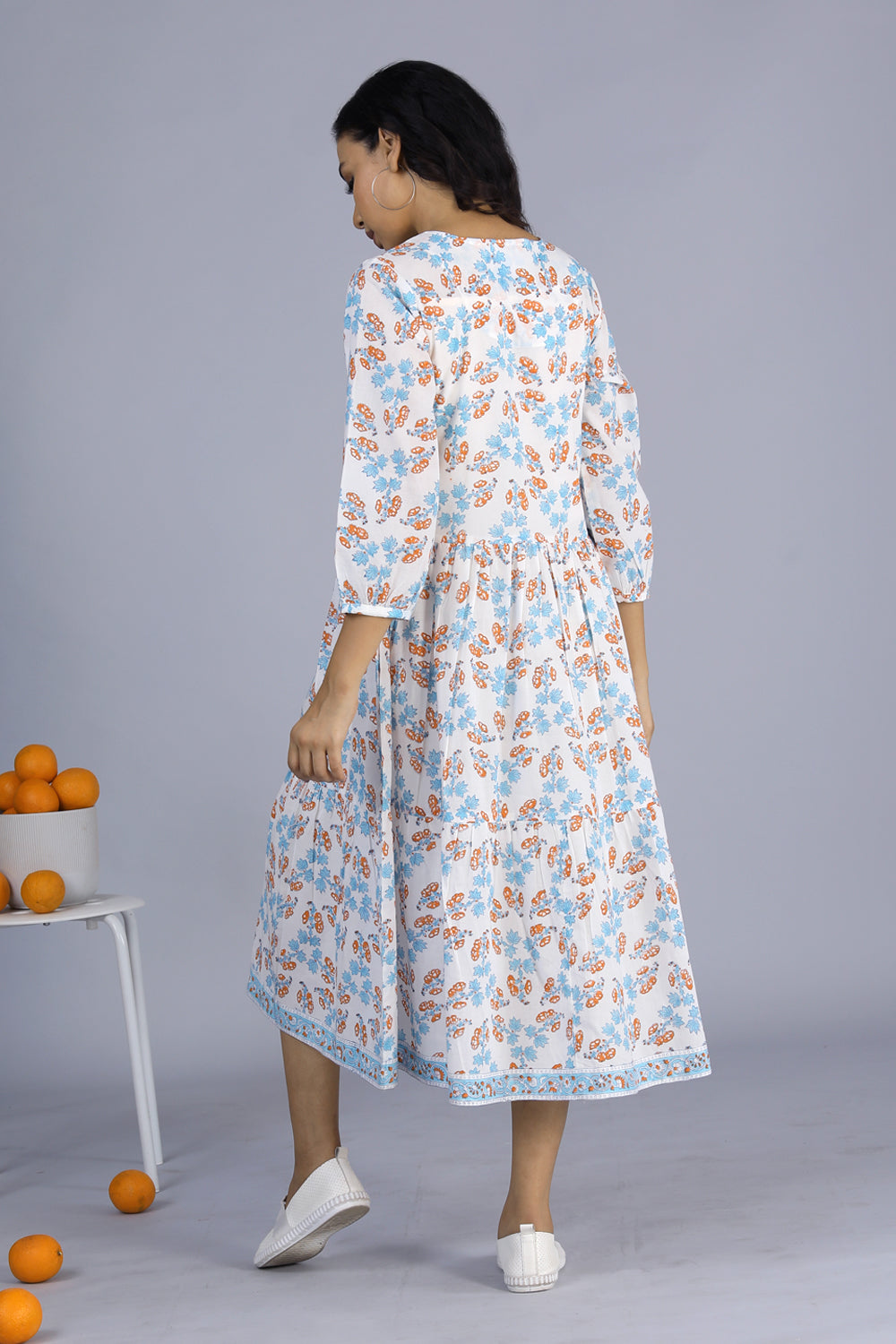 Collection of Handblock printed cotton tiered dress in a gallery layout