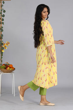 Collection of Handblock printed yellow kurti in a gallery layout