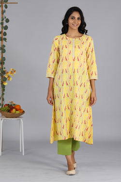 Collection of Handblock printed yellow kurti in a gallery layout