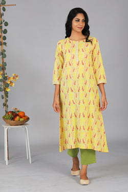 Collection of Handblock printed yellow kurti in a gallery layout