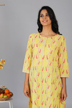 Collection of Handblock printed yellow kurti in a gallery layout