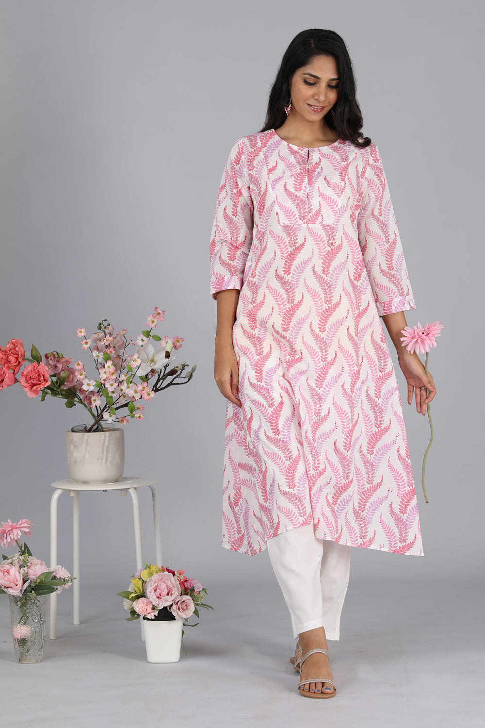 Collection of Handblock printed cotton A-line kurti in a gallery layout