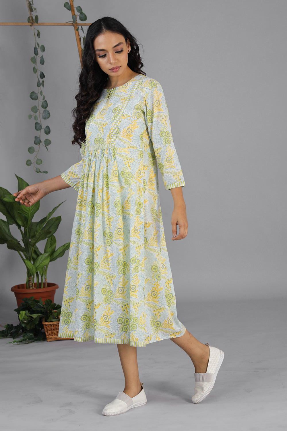 Handblock printed gathered dress