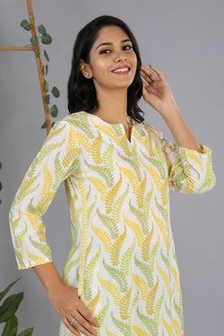 Collection of Lime yellow handblock printed cotton kurti in a gallery layout