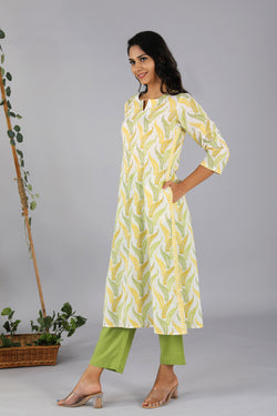 Collection of Lime yellow handblock printed cotton kurti in a gallery layout