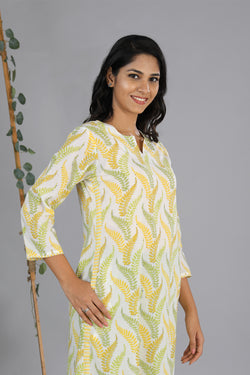 Collection of Lime yellow handblock printed cotton kurti in a gallery layout